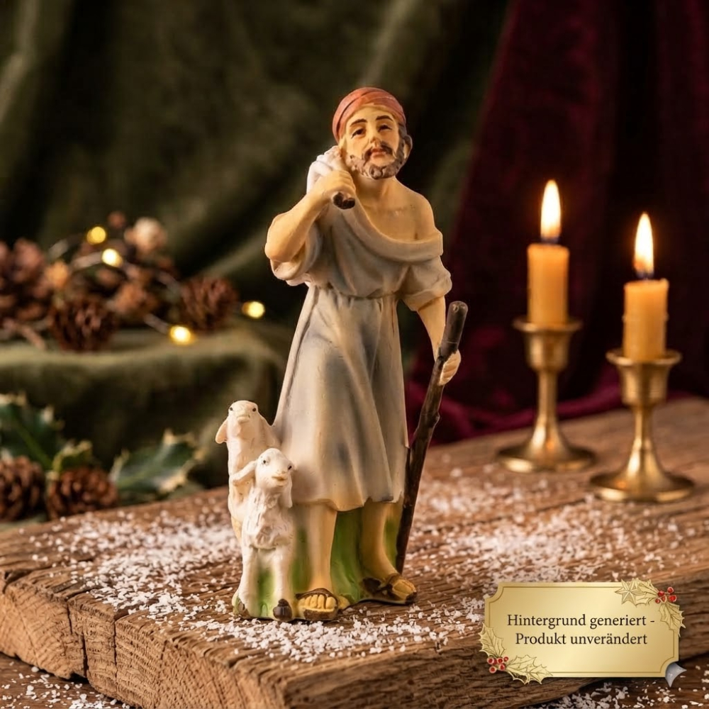 Handbemalte Krippenfigur Schäfer mit drei Schafen, ca. 10,5 cm, K 914-11